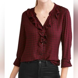 Time And Tru Red & Black Plaid Ruffle Blouse Size Large